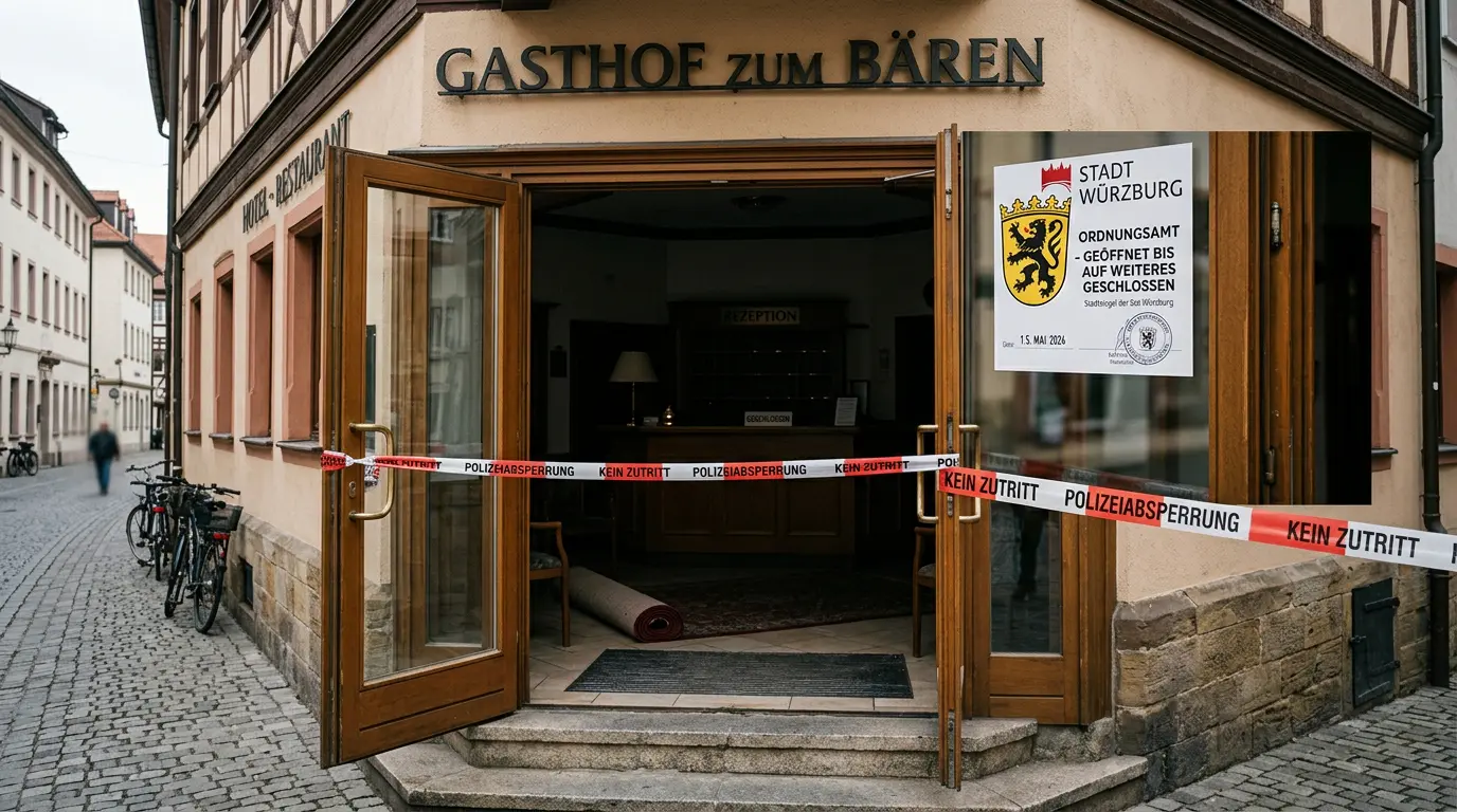 Rotes Absperrband vor einer geschlossenen Hoteltür, dahinter eine menschenleere Lobby im Schatten.