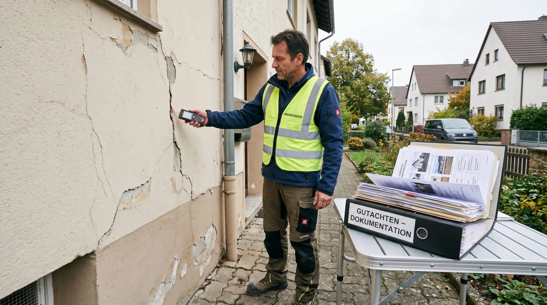 Ein Baugutachter untersucht eine beschädigte Hausfassade neben einem dicken Ordner mit umfangreicher Dokumentation.
