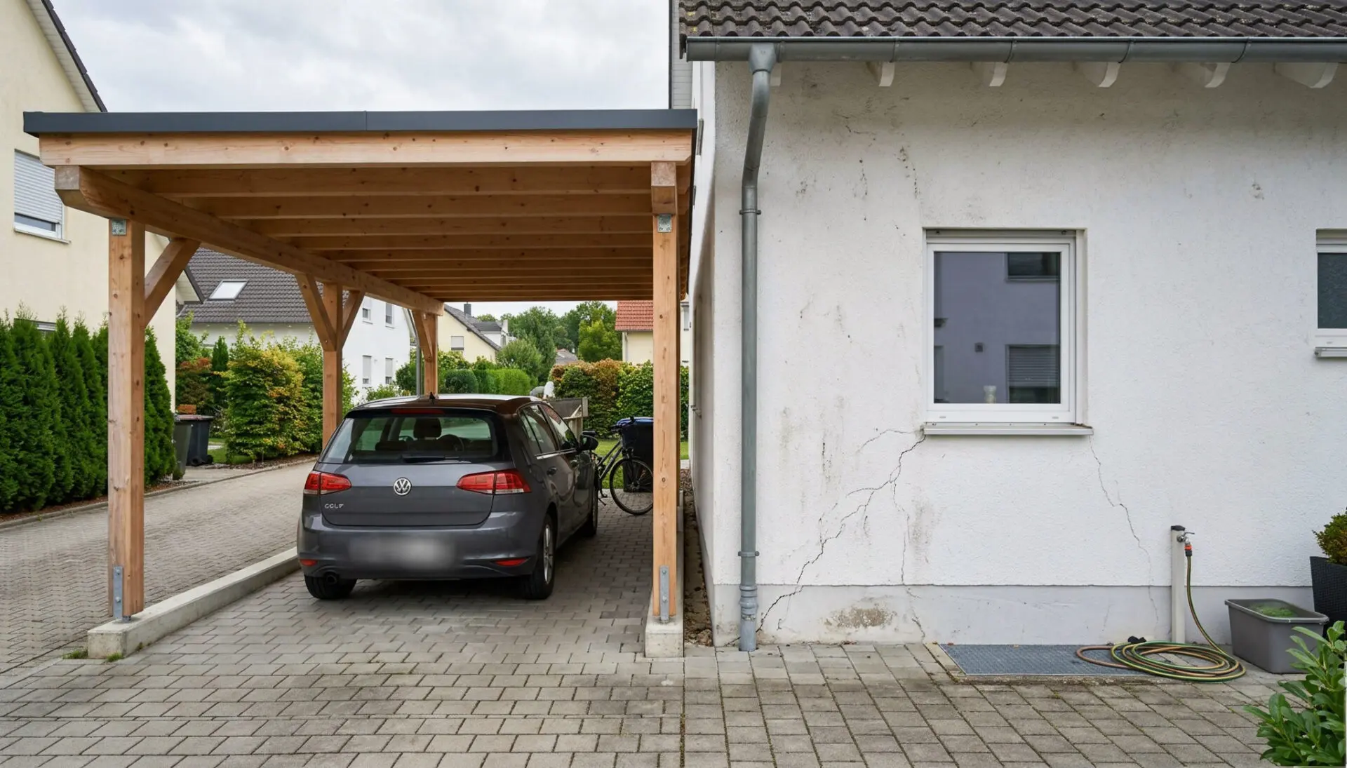 Neuer Holz-Carport direkt an einer weißen Hauswand mit feinen Setzungsrissen im Putz in einer Wohnsiedlung.