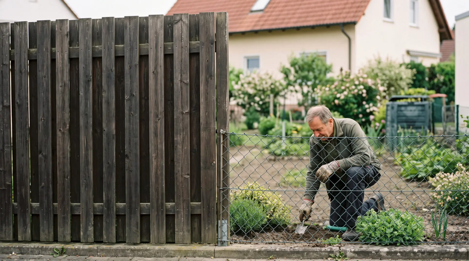 Ein massiver dunkler Holzzaun überragt deutlich einen kleinen Maschendrahtzaun an einer Grundstücksgrenze.