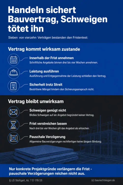 Infografik (Do's und Don'ts): Wirksamer Bauvertrag durch fristgerechte Annahme oder Ausführung – Schweigen genügt nicht