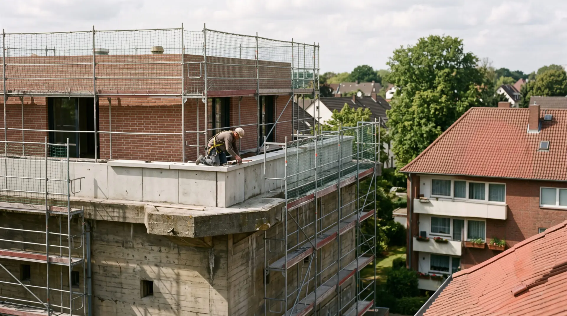Arbeiter montiert Gerüst und Mauerwerk auf grauem Hochbunker, während Nachbar von unten skeptisch aufbaucht.