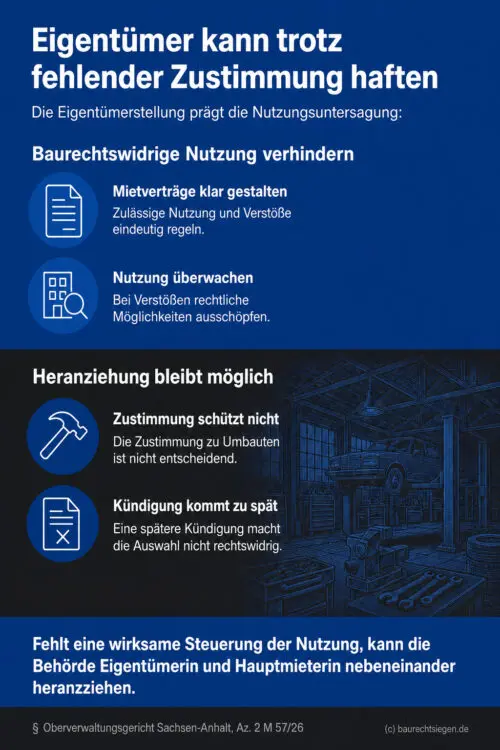 Dos-und-Donts-Grafik mit zwei Zonen erklärt Eigentümerpflichten bei ungenehmigter Nutzung und typische Fallstricke.