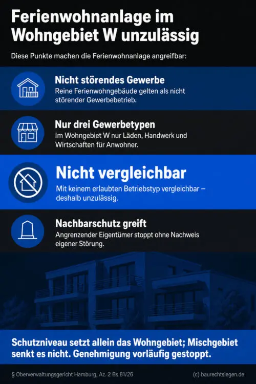 Checkliste zu vier Zulässigkeitsgründen für Ferienwohnungen in Wohngebieten mit nachbarschützendem Verbotanspruch und klarer