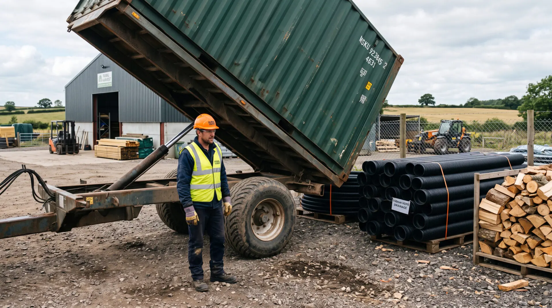 Arbeiter in Warnweste steht neben Absetzkipper mit Container auf Schotterplatz, daneben Wasserrohre und Holzvorrat.