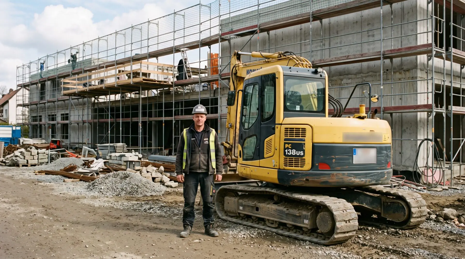Landschaftsbauer steht neben stehendem Bagger vor gesperrter Schulbaustelle mit Gerüst und Rohfassade als Zeichen fehlender B
