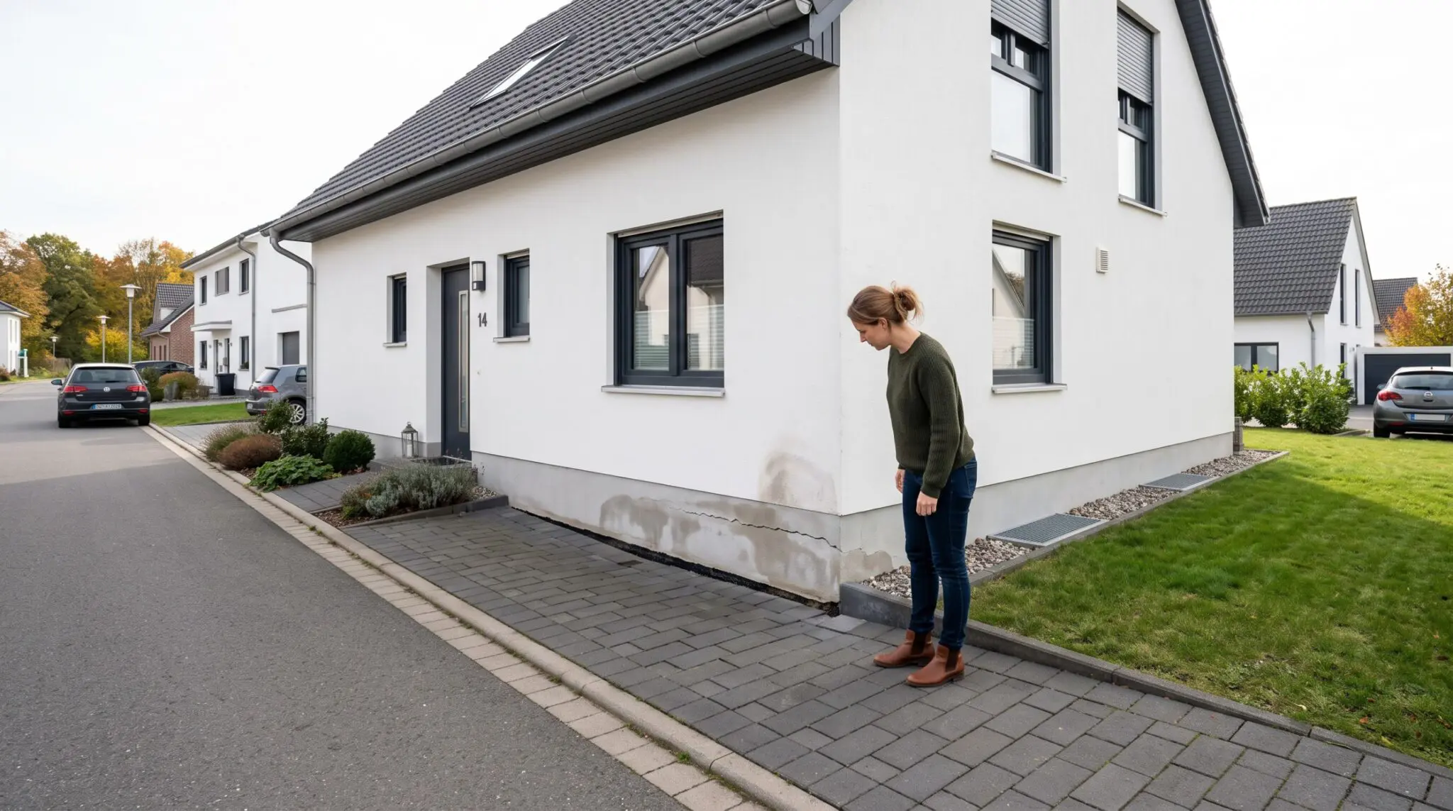 Frau betrachtet Setzungsriss und feuchte Verfärbung am Sockel eines Neubaus