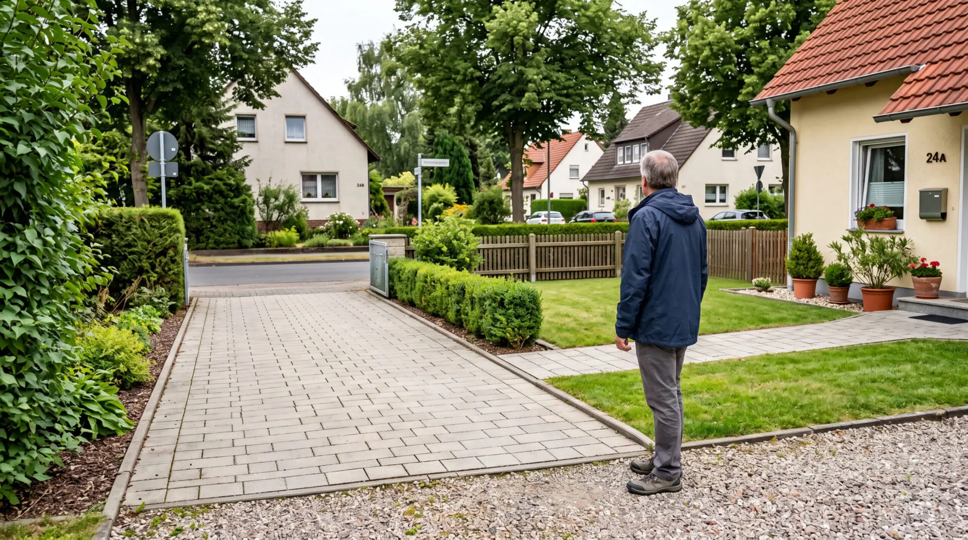 Ein Mann steht am Rand einer asphaltierten Zufahrt zwischen zwei Grundstücken und blickt auf die befahrene Verbindung zum Nac