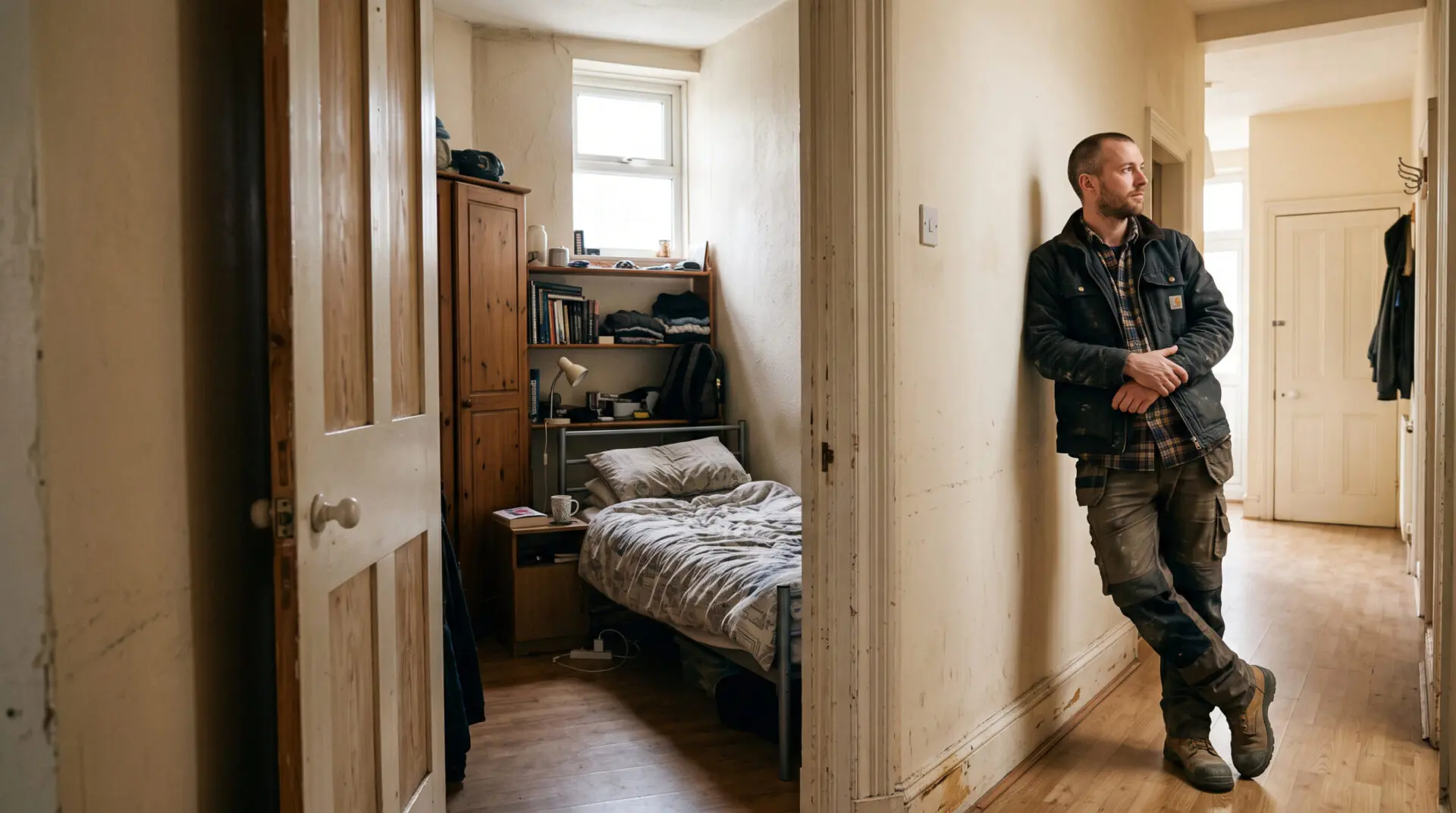 Arbeiter steht ruhig im schmalen Zimmer zur offenen Tür ins helle Treppenhaus. Bett, Schrank und wenige private Gegenstände k
