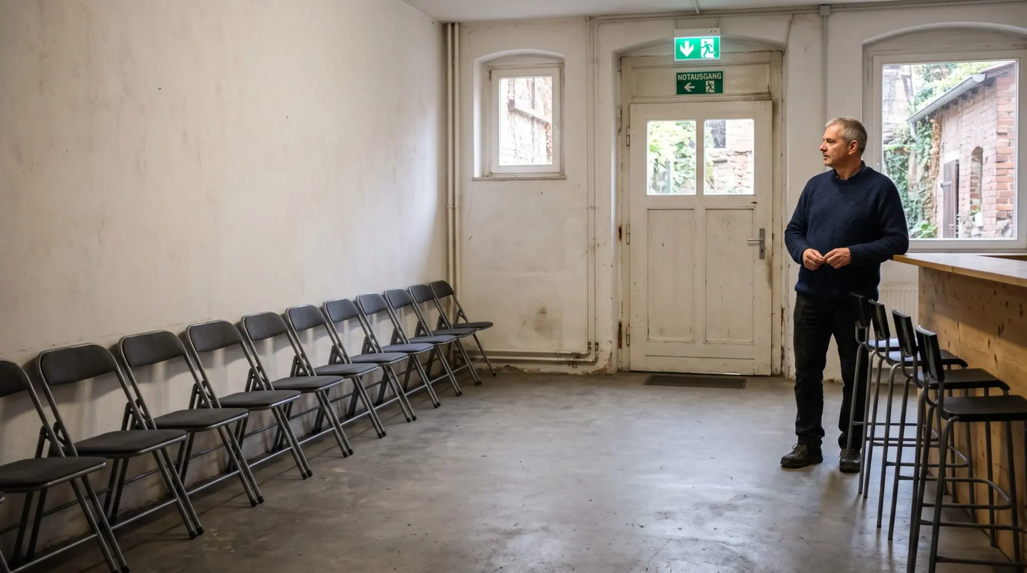 Mann neben Theke in kargem Veranstaltungsraum blickt zur einzigen geschlossenen Ausgangstür