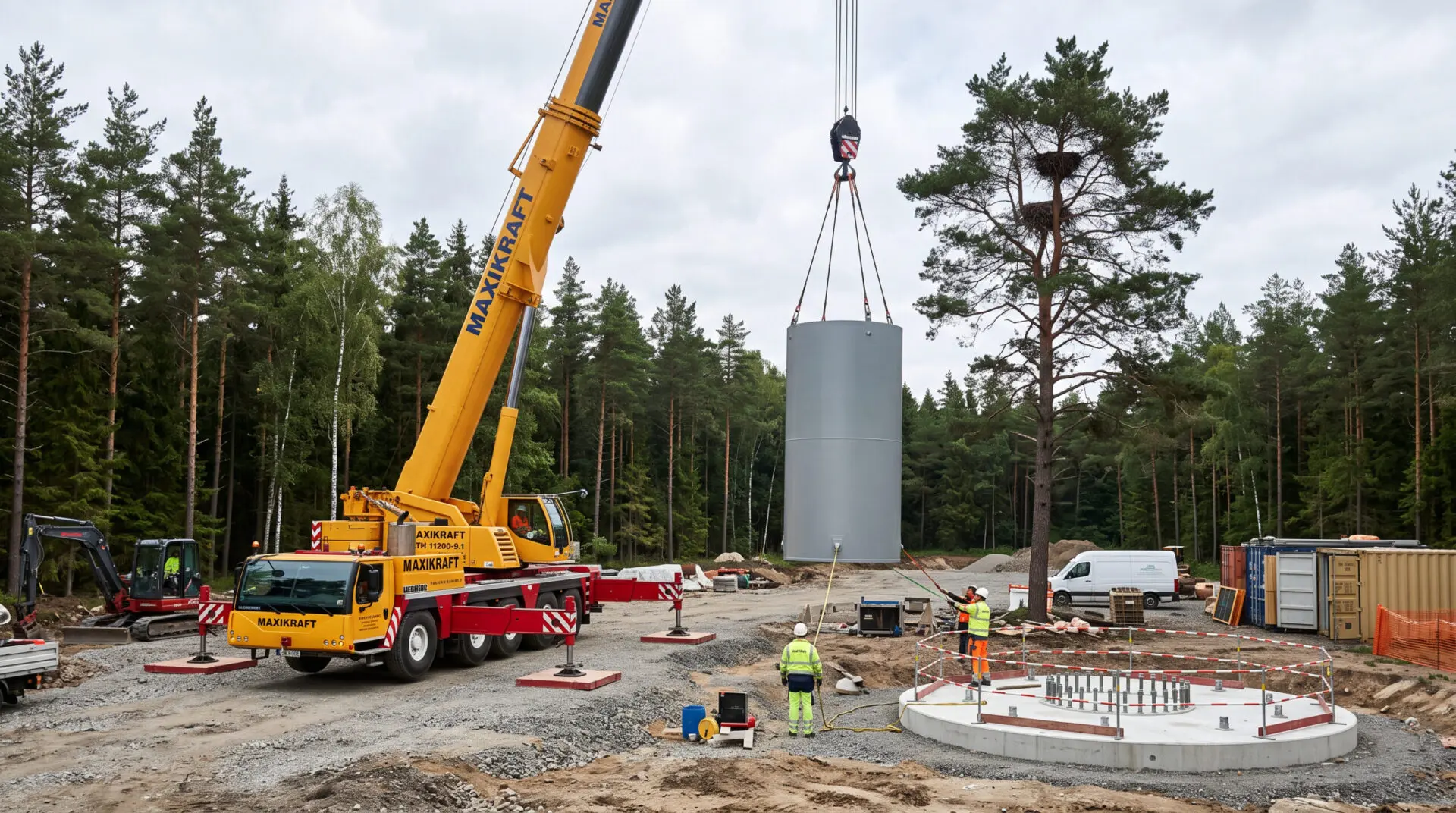 Ein Baukran hebt ein einzelnes Turmsegment einer Windkraftanlage über eine vorbereitete Fundamentstelle am Waldrand, neben ei