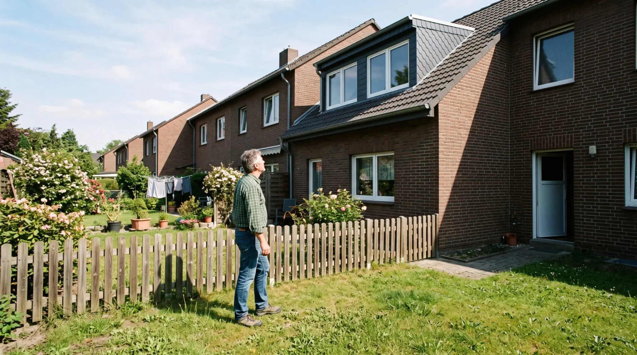 Anwohner im Garten schaut zum neuen Dachaufbau am Nachbarhaus mit Schatten über Zaun