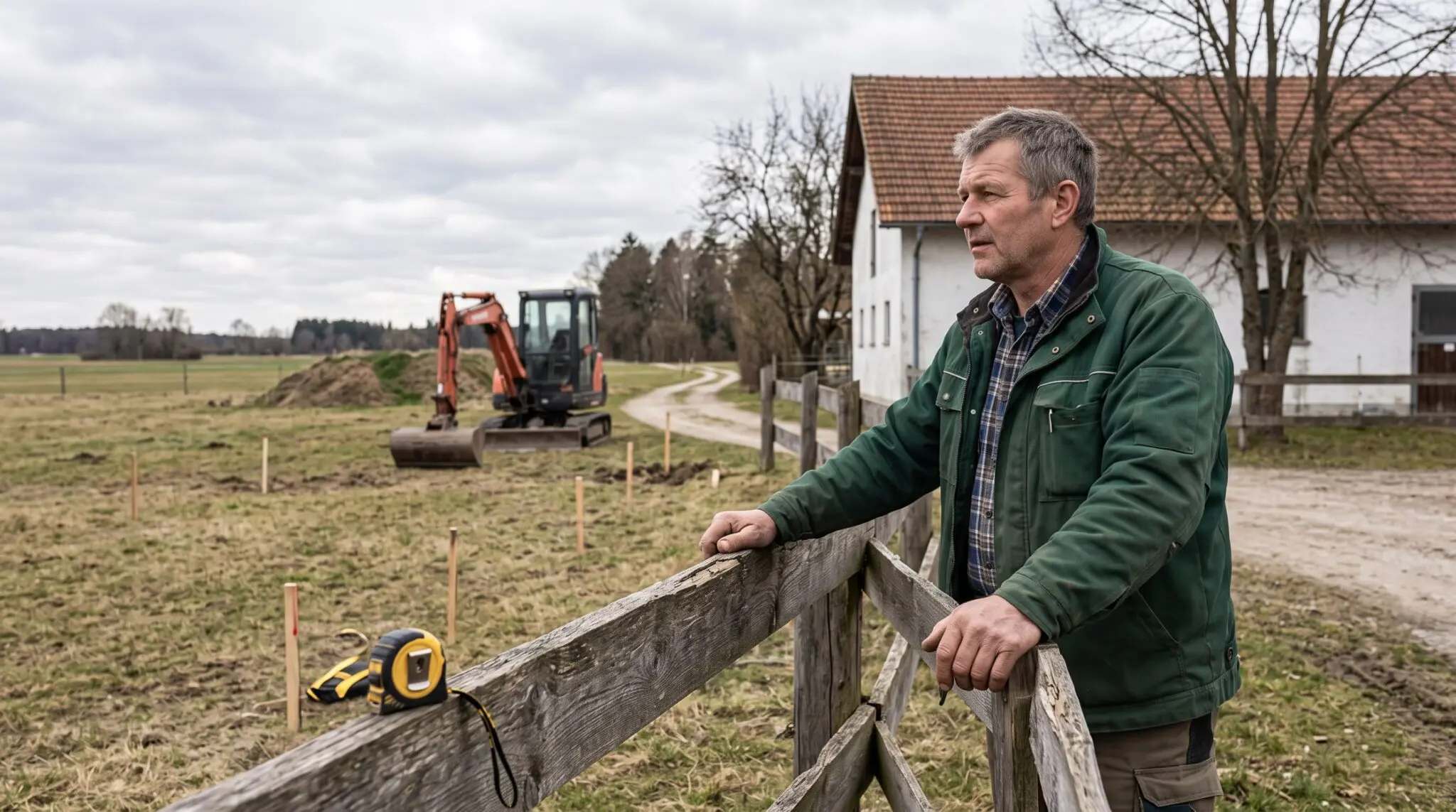 Landwirt am Holzzaun blickt auf abgesteckte Wiese mit Pflöcken und ruhendem Minibagger