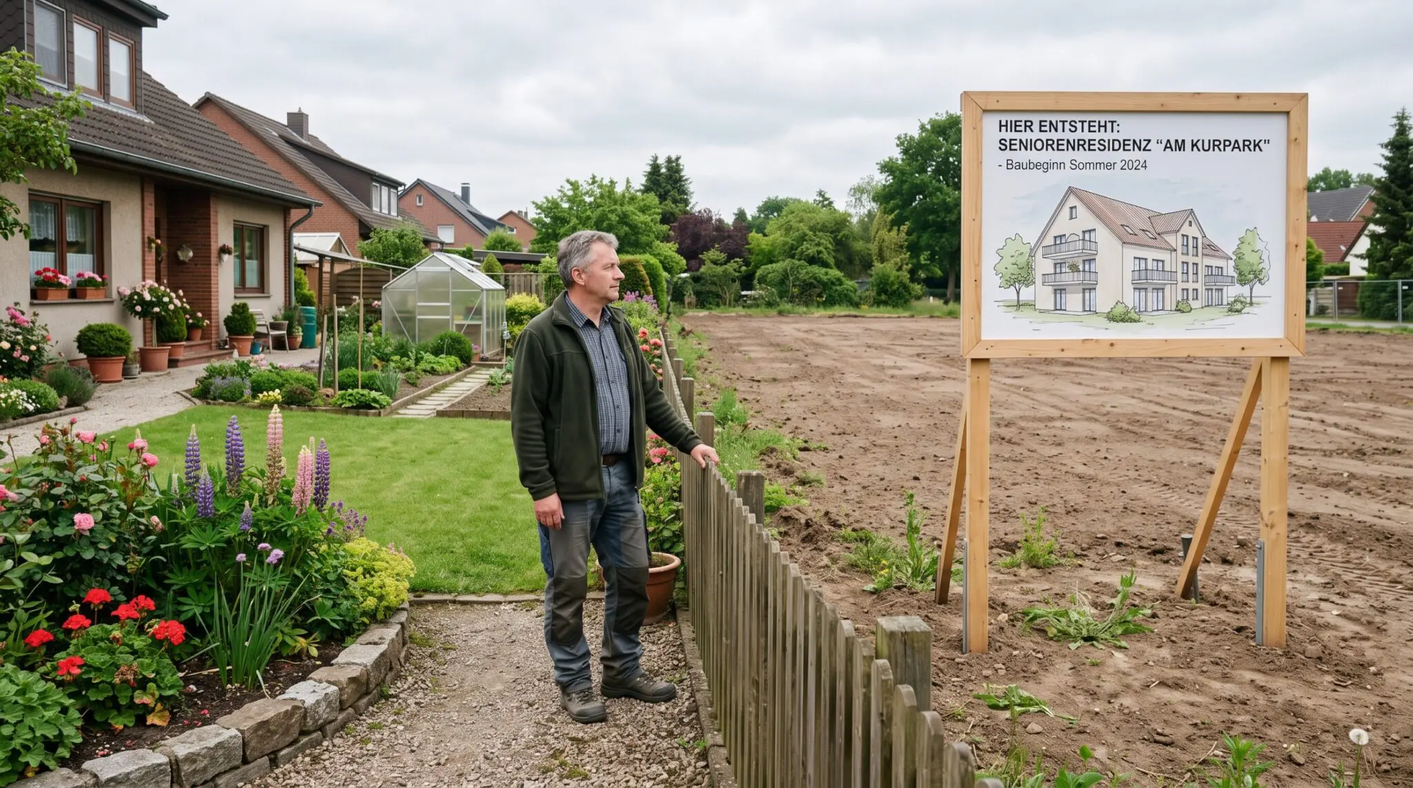 Mann am Gartenzaun blickt auf Brachfläche mit Bauschild für Seniorenwohnanlage