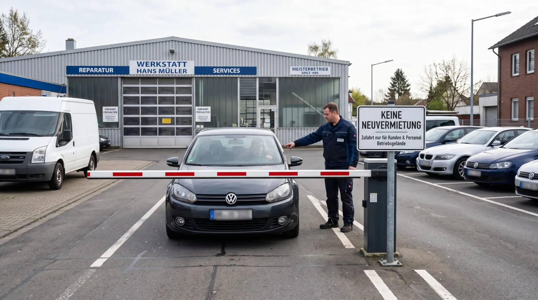 Mitarbeiter zeigt an geschlossener Parkplatzschranke auf Schild Keine Neuvermietung, Pkw wartet