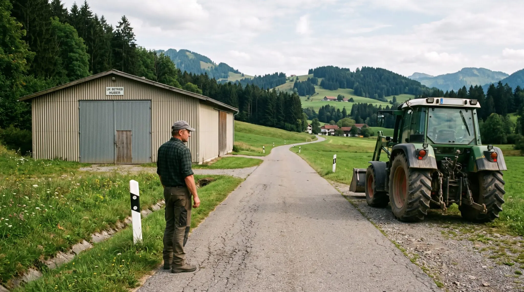 Landwirt am Grasgraben zwischen Ortsstraße und Maschinenhalle, Traktor am Fahrbahnrand