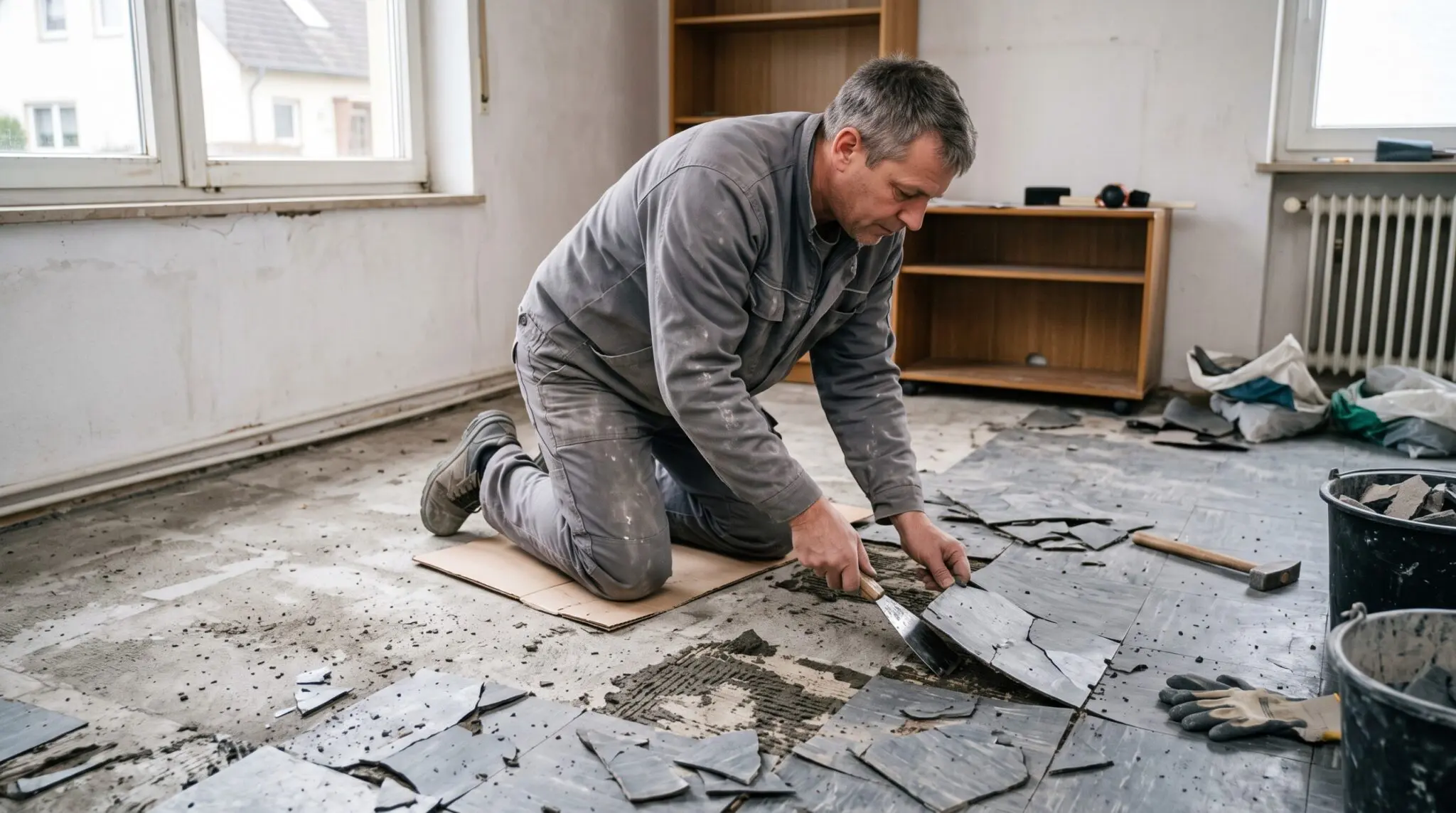 Handwerker kniet auf grauem Estrich und löst alte Bodenplatten mit Spachtel