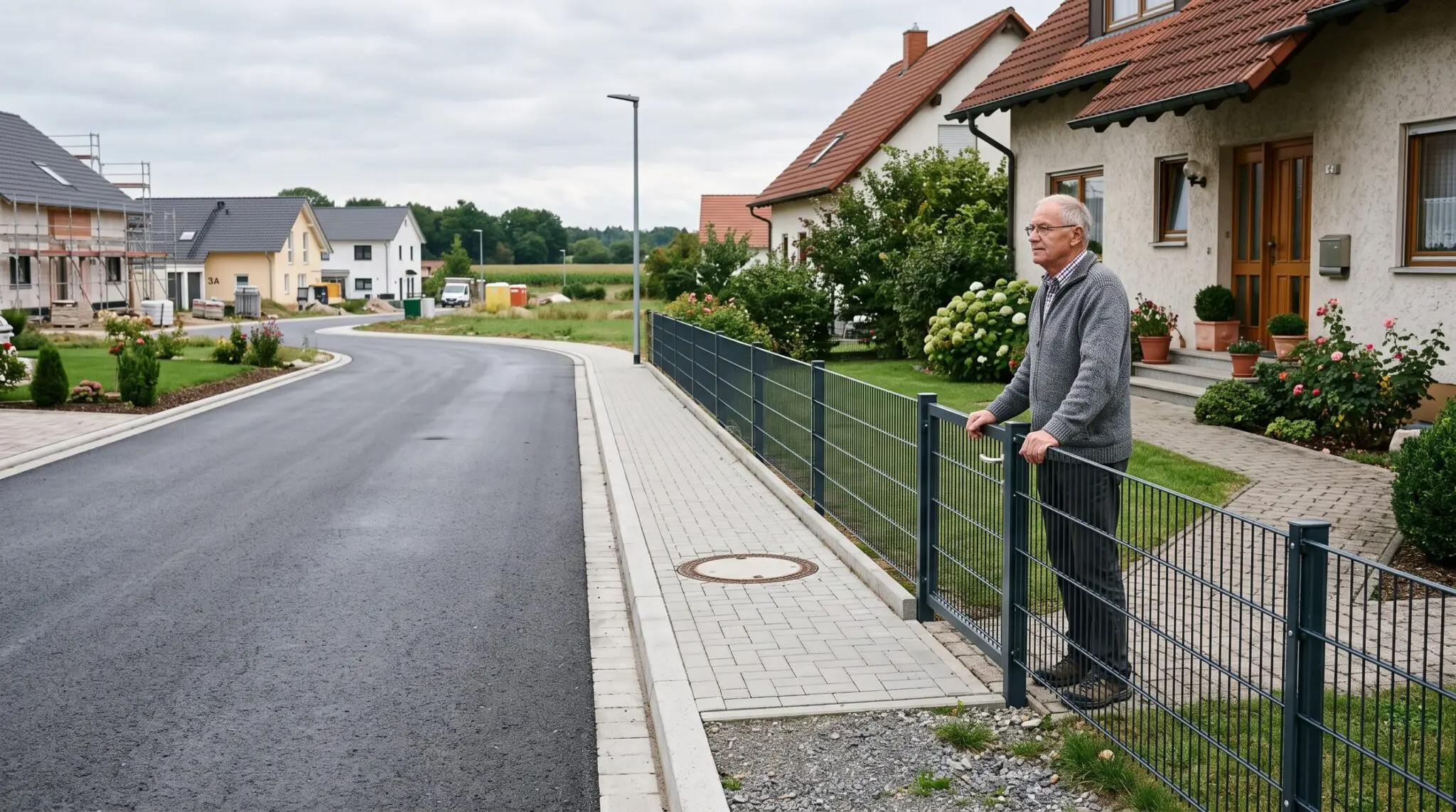 Älterer Eigentümer am Gartenzaun blickt auf frisch asphaltierte Straße am Grundstück