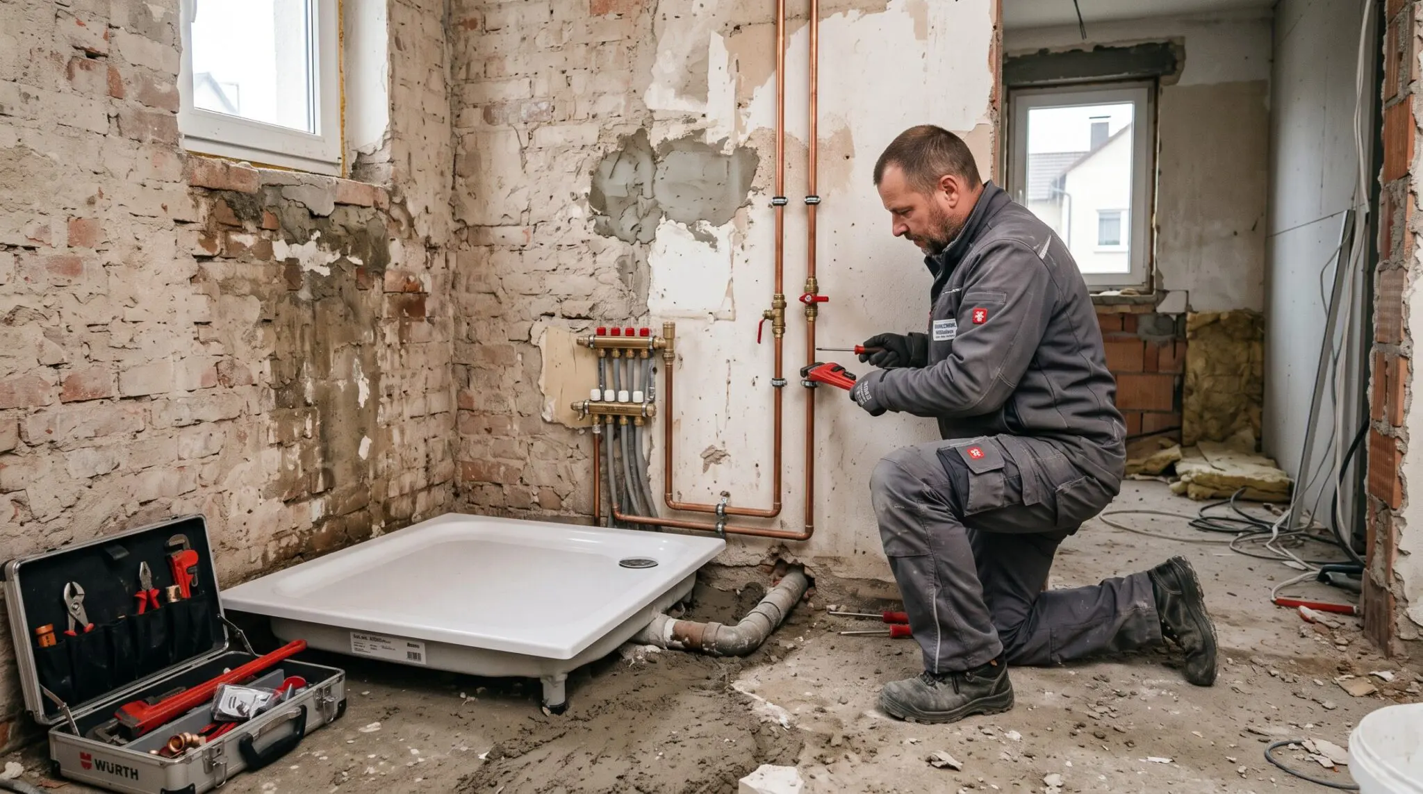 Sanitärhandwerker kniet im unfertigen Bad und montiert freiliegende Wasserleitungen an unverputzter Wand