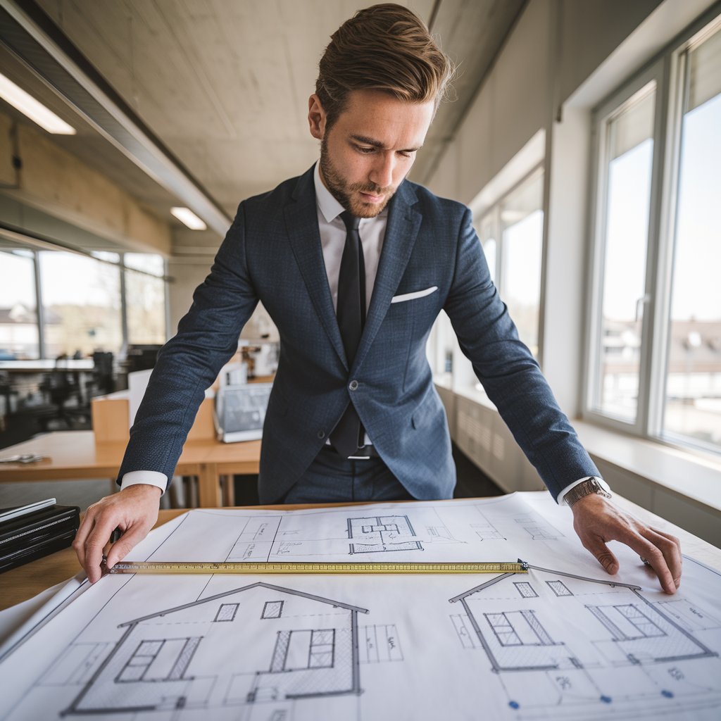Architekt vergleicht Baupläne für Dachgeschoss am Zeichentisch mit Messwerkzeug