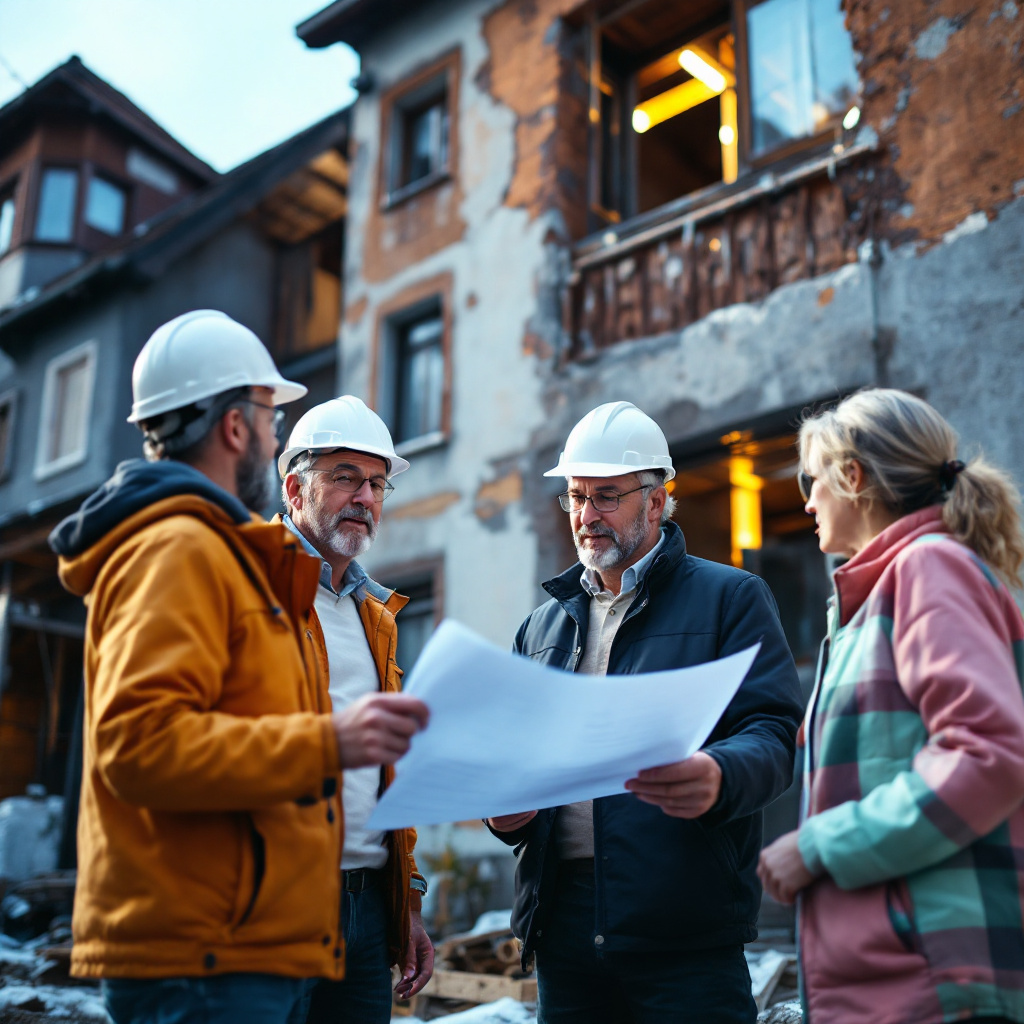 Bauleiter erklärt Eigentümern Sanierungsarbeiten anhand von Bauplänen vor Mehrfamilienhaus