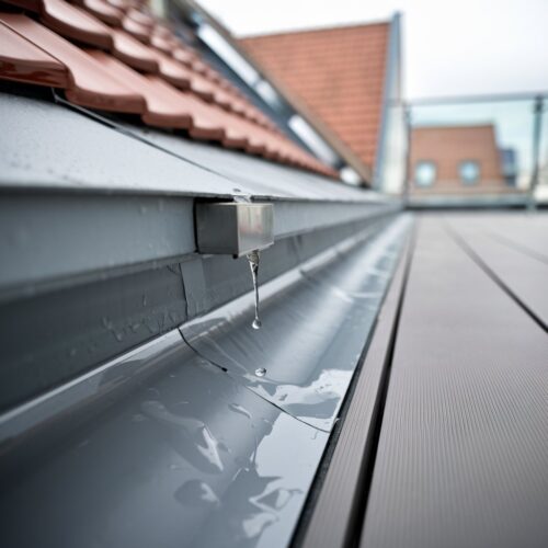Wassertropfen an undichter Dachfolie eines Penthouse-Balkons in Mainz.