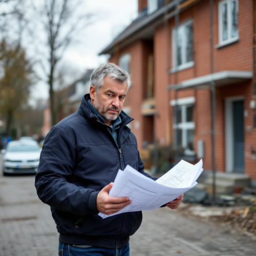 Bauleiter mit Plan steht auf Baustelle eines Wohnhauses mit rotem Ziegel und Gerüst.