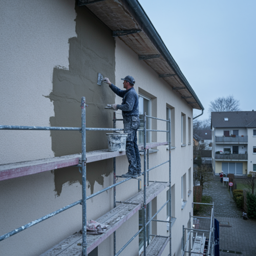 Arbeiter auf Gerüst trägt Putz an die Fassade eines Supermarkts mit Wohnungen.