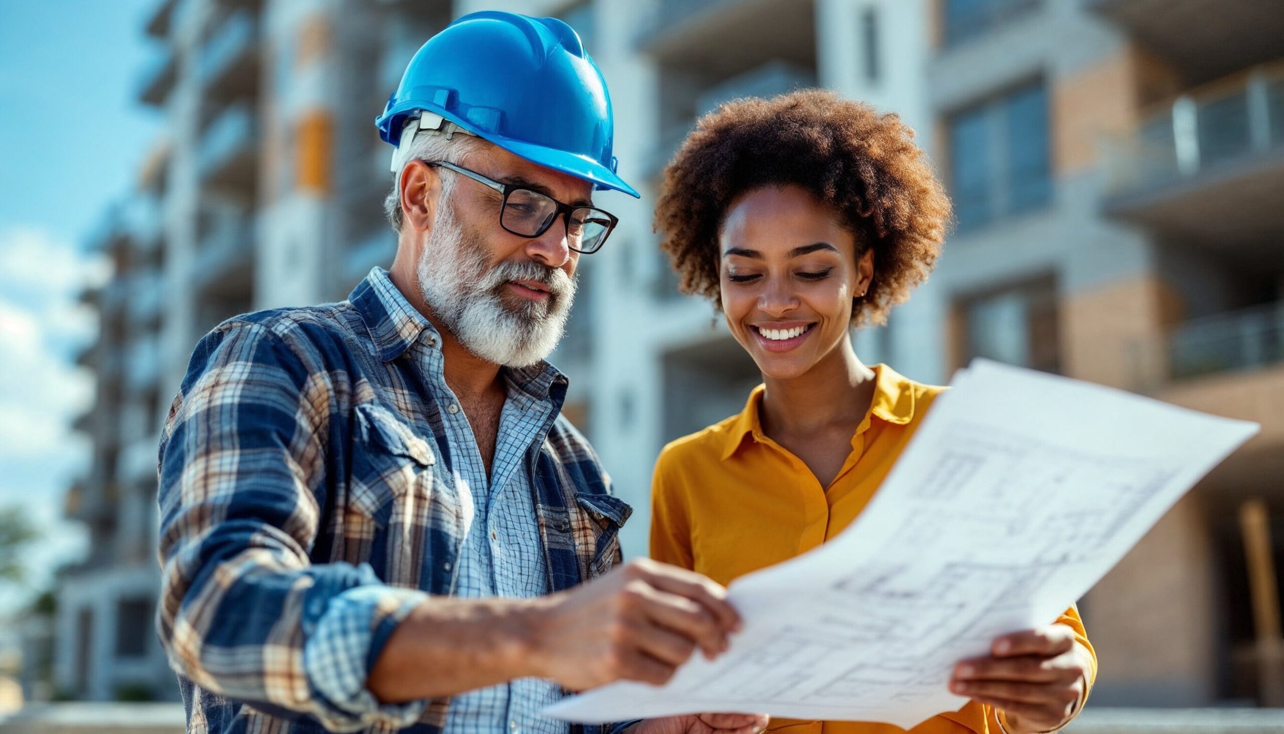 Architekt und Bauherrin diskutieren auf der Baustelle über den Bauträgervertrag