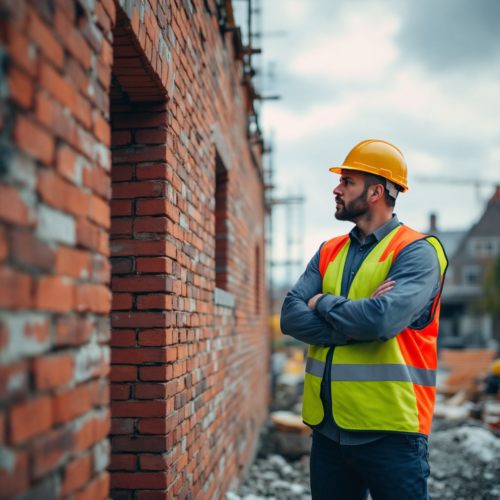 Konflikt an einer Baustelle: Bauarbeiter fordert mehr Geld, Kunde mit verschränkten Armen lehnt ab.