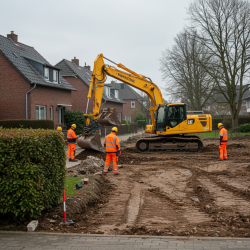 Gelber Bagger positioniert sich in einem deutschen Wohngebiet; Nachbar beobachtet besorgt von der Grundstücksgrenze.