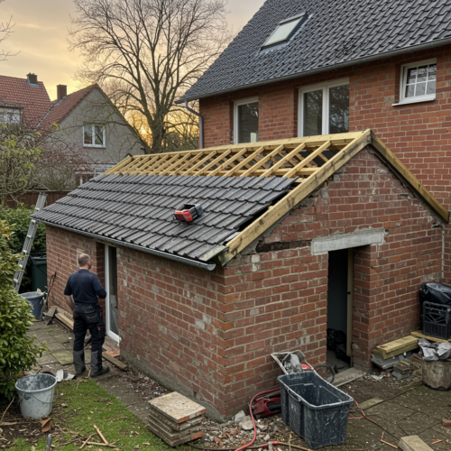 Fehlerhafte Kellerdecke eines deutschen Hauses, bewertet von einem Bauunternehmer in Arbeitskleidung.
