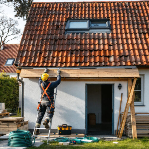 Handwerker installiert unzureichend ausgerichtete Dachstruktur über Kellerzugang in Wohngegend.