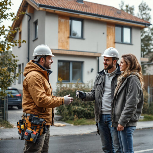 Besitzübergabe Neubau verzögert? Zweifelhaftes Paar, Bauträger, Schlüssel. Baumängel.
