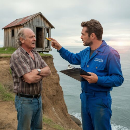 Baukontrolleur und Eigentümer am Küstenschuppen bei Abbruchkontrolle