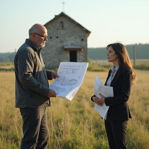 Architekt erklärt Baupläne, Bauherrin skeptisch auf verwildertem Grundstück mit altem Gebäude