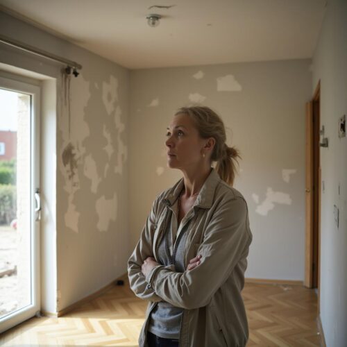 Frau im Wohnzimmer mit Baumängeln: Risse, ungleiches Parkett, Feuchtigkeitsflecken