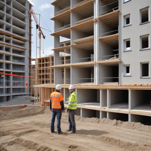 Bauherrin und Baubehördenmitarbeiter mit Baustellen, Grenzmarkierungen und Stoppschild