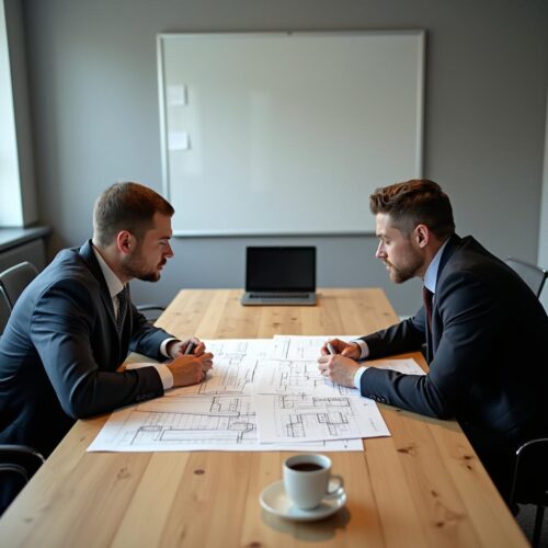 Geschäftsleute prüfen Baupläne und Angebote für Schwimmbecken und Lagerhalle im Besprechungsraum