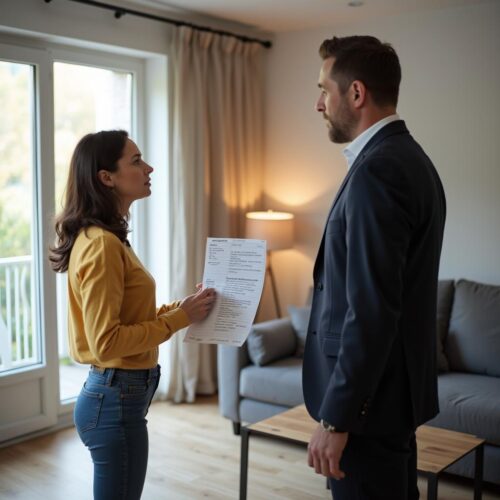 Junge Frau mit Mängelliste in neuer Wohnung, kritischer Blick auf Bauträger, Fensterkratzer sichtbar