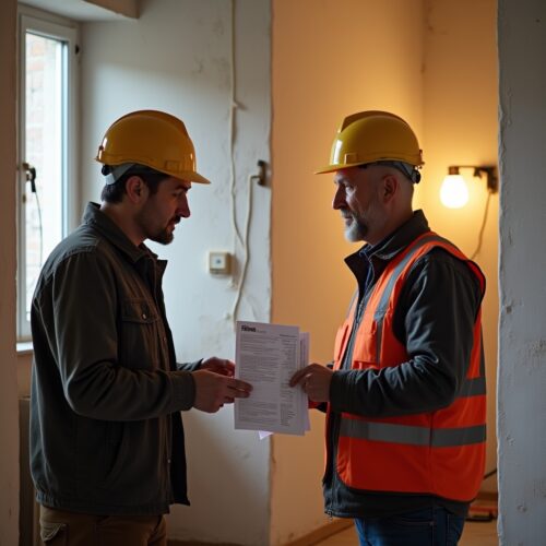 Bauherr übergibt Elektriker in Altbau eine abgewiesene Rechnung, sichtbare Kabel und Baustellen Szene