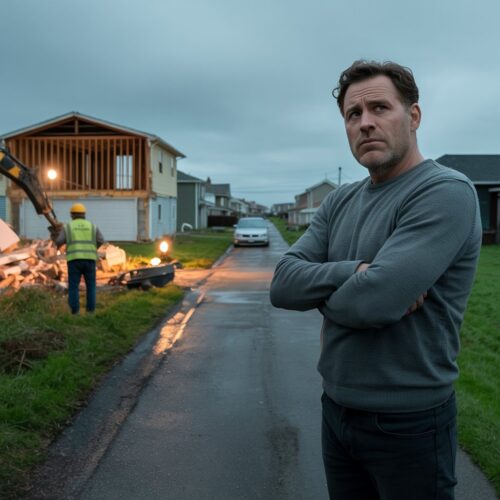 Ein Nachbar steht nachdenklich an einer nassen Straße und blickt auf die Abrissarbeiten eines Baggers, die sein Nachbarrecht auf Ruhe und freie Zuwegung massiv berühren.