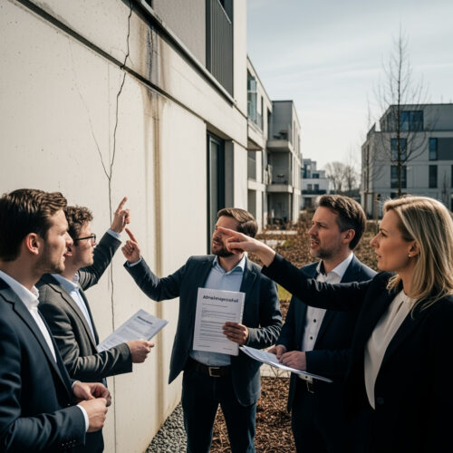 Konzentriert inspizieren Mitglieder einer Wohnungseigentümergemeinschaft (WEG) gravierende Baumängel wie tiefe Risse an der Fassade ihres Gemeinschaftseigentums, während ein Mann relevante Dokumente zur Mängelgewährleistung bereithält.