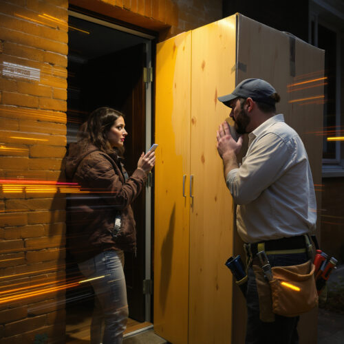 Ein Schreiner präsentiert eine gefertigte Möbelsonderanfertigung vor der Tür, während die Kundin mit ihrem Smartphone das Widerrufsrecht für die Online-Bestellung geltend macht.
