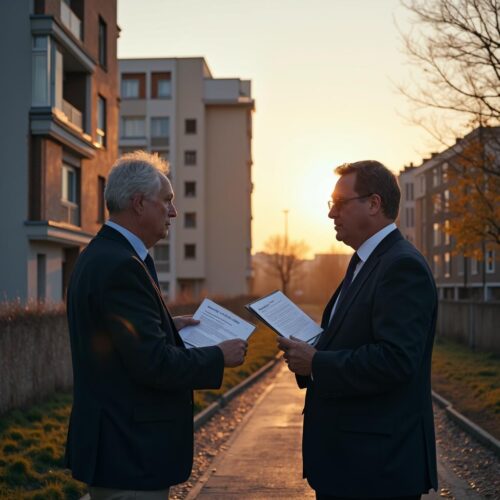 Auf einer Bahngleisküste verhandelt der Immobilienkäufer mit dem Vertreter der Zessionarin über die nach der Bauträgerinsolvenz abgetretenen, hohen Werklohnforderungen für seine halbfertige Immobilie.