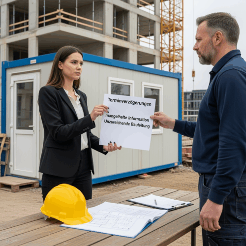 Eine Bauherrin übergibt dem Ingenieur auf der Baustelle die Gründe für die beabsichtigte Kündigung des Ingenieurvertrags wegen Mängeln und Verzögerungen.