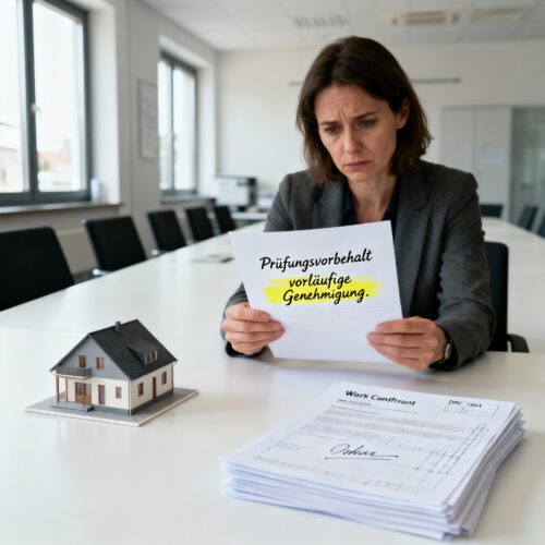 Ein offizielles Bestätigungsschreiben enthält eine gelb markierte, einschränkende Klausel in kursiver Schrift.