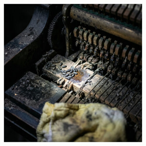 Nahaufnahme des verwahrlosten, verschimmelten Klavierinneren: Taschenlampenlicht enthüllt Nagetierkot und feuchte Schmutzspuren.