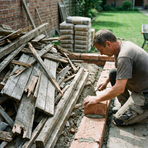 Ein entschlossen mauender Eigentümer errichtet die massive Steinwand neben dem Haufen verwitterter Holztrümmer des alten Schuppens.