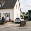 nutzungsuntersagung-wohnhaus Mann mittleren Alters vor zweistöckigem Wohnhaus neben Gewerbehalle mit Werkstatttor